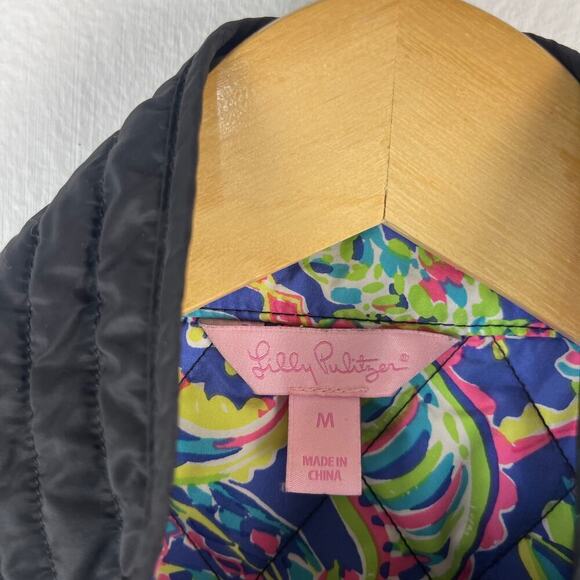 Lilly Pulitzer Quilted Black Getaway Vest Hot Spot Print Lining Women's Medium - Picture 5 of 13